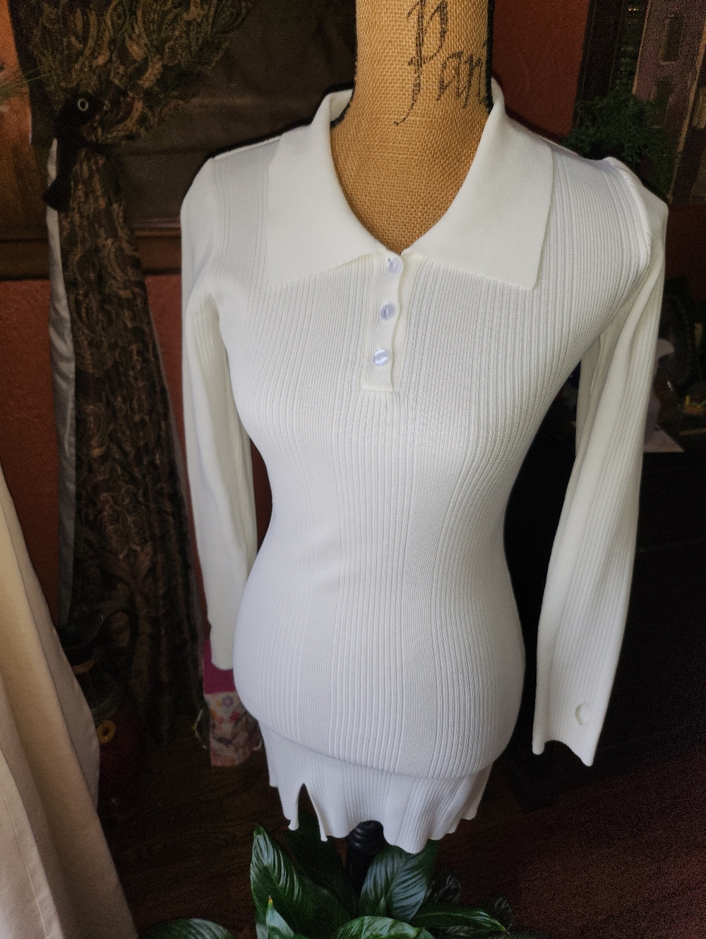 Finesse White Ribbed Long Sleeve Polo Sweater Dress
